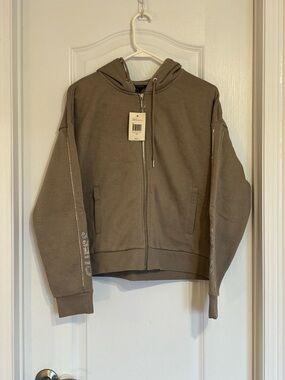 Guess Neutral Beige Zip-Up Hoodie with Gem Trim